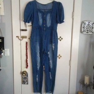 Distressed Denim Jumper Button Up Puff Sleeve Square Neck Fringe Hem Pockets XL